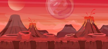 Güzel yabancı peyzaj vektör Illustration. Oyun tasarımı, düz çizgi film tarzı kırmızı renklerde yabancı gezegenin için başka bir dünya arka plan serin.