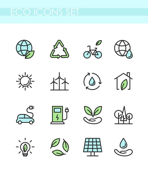 Набор векторных иллюстраций эко-иконок. Экологическая концепция, зеленые технологии, органический, здоровый образ жизни, альтернативная энергия, электромобиль . — стоковый вектор
