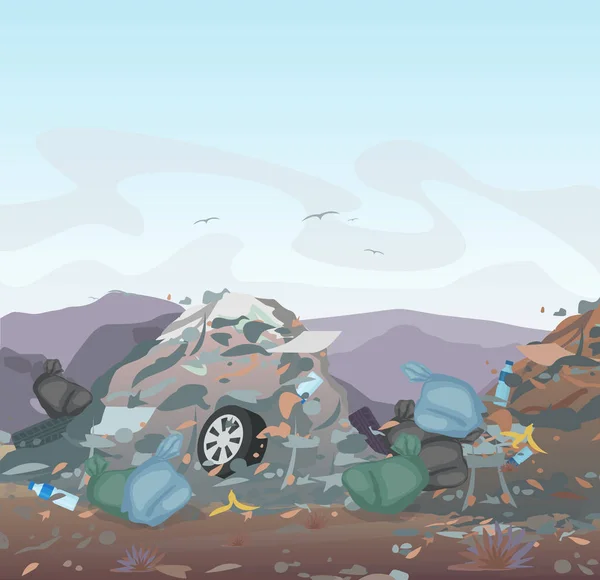 Vektoros illusztráció a szemetet. hulladéklerakó teljes szemetet, a hegyek a háttérben. Ökológia és újra feldolgoz, szennyezés környezet fogalma. — Stock Vector