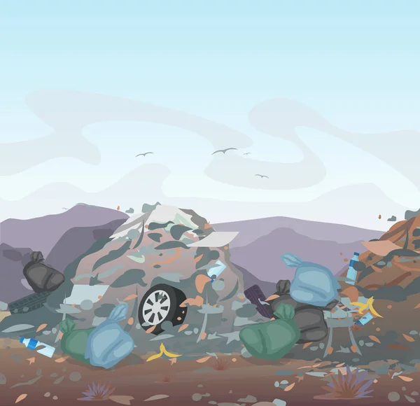 Ilustração vetorial do lixo. aterro cheio de lixo no fundo das montanhas. Ecologia e reciclagem, Poluição Conceito de ambiente . —  Vetores de Stock