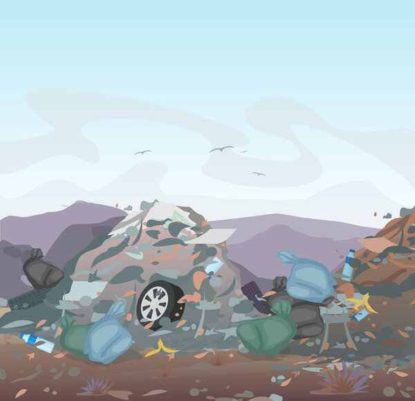 Векторная иллюстрация мусора. на свалке, полной мусора на фоне гор. Экология и переработка, Загрязнение окружающей среды
.