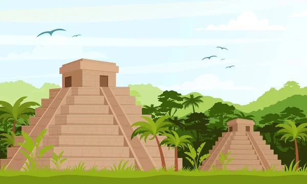 Ilustración vectorial de antiguas pirámides mayas en la selva durante el día en estilo plano de dibujos animados . — Vector de stock