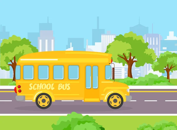 Vector illustration of yellow funny school bus for kids on the modern big city background with buildings and trees. School bus on the road in cartoon flat style. — Stock Vector