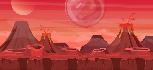 Vector illustration of beautiful alien landscape. Cool another world background for game design, alien planet in red colors in flat cartoon style. — Stock Vector