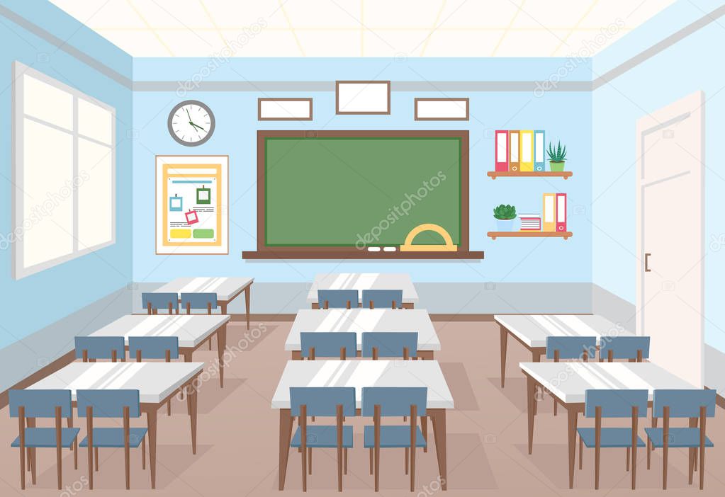 Vector illustration of classroom in school. Empty Interior of class with board and desks for children in flat cartoon style.