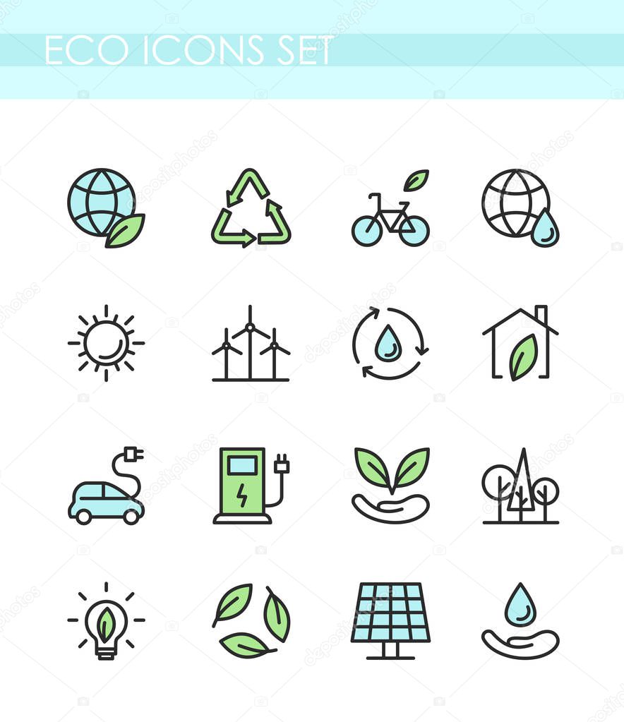 Vector illustration set of eco icons. Ecology concept, green technology, organic, healthy lifestyle, alternative energy, electrocar.