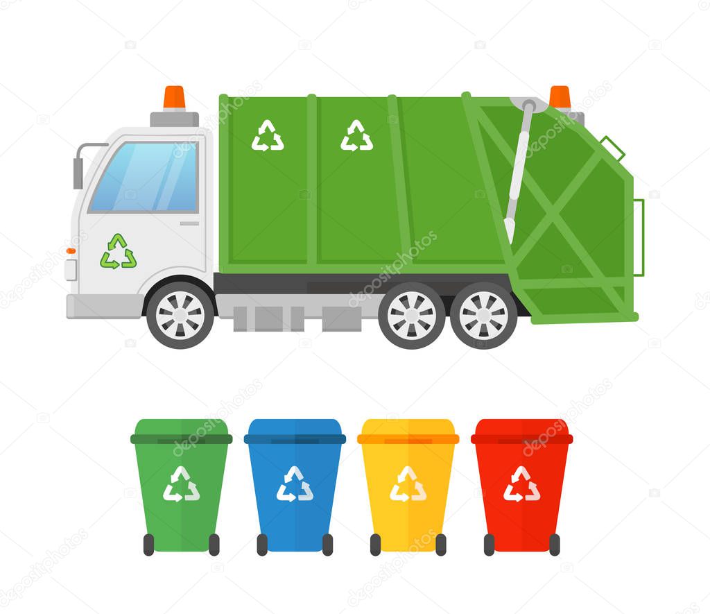 Vector illustration of urban sanitary vehicle garbage loader truck and containers for different types of garbage. Waste collection and transportation. Green garbage truck, eco concept in flat style.