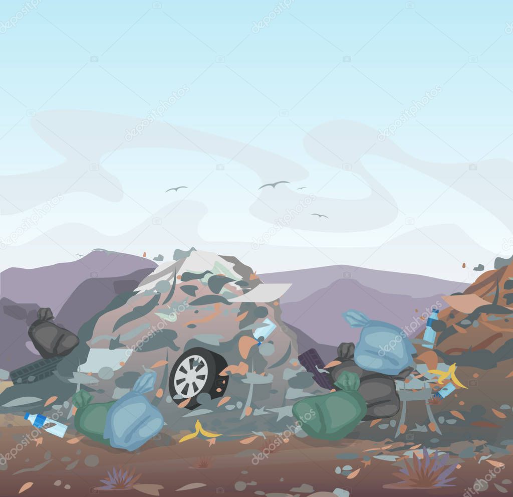 Vector illustration of garbage. landfill full of trash on mountains background. Ecology and recycle, Pollution Environment concept.