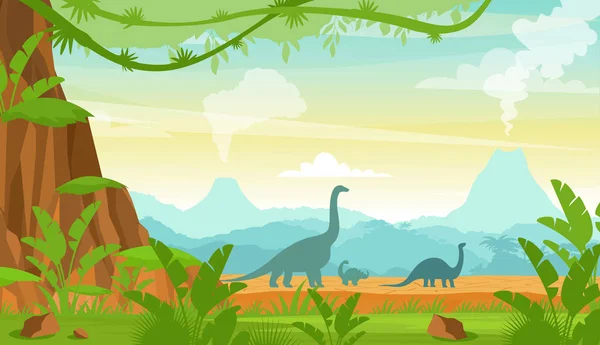 Ilustración vectorial de silueta de dinosaurios en el paisaje del período Jurásico con montañas, volcanes y plantas tropicales en estilo plano de dibujos animados . — Vector de stock