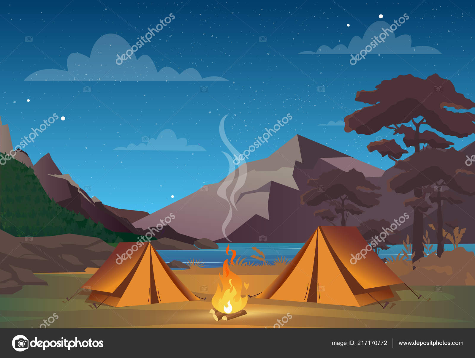 Vector Illustration Of Camping In Night Time With Beautiful View On Mountains Family Camping Evening Time Tent Fire Forest And Rocky Mountains Background Night Sky With Clouds Vector Image By C