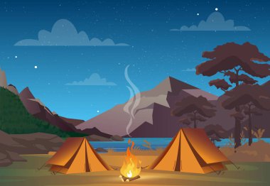 Vector illustration of camping in night time with beautiful view on mountains. Family camping evening time. Tent, fire, forest and rocky mountains background, night sky with clouds. clipart