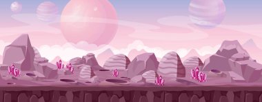 Kristaller ve dağlar ile pembe renklerde güzel yabancı peyzaj vektör Illustration. Diğer gezegen fantezi manzara UI oyun için bilim-kurgu arka plan.