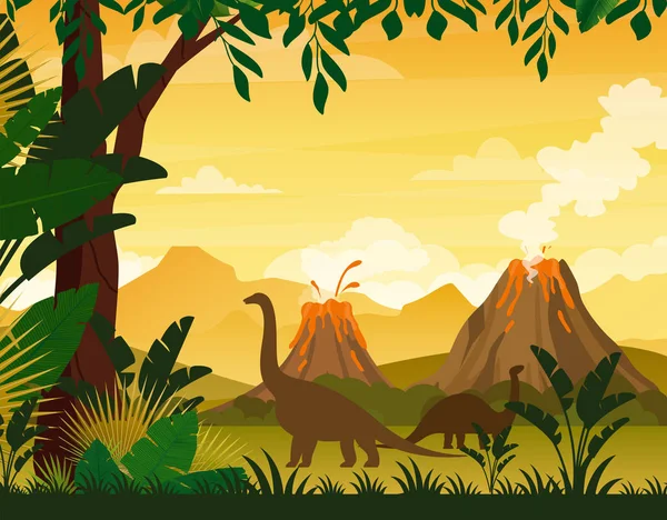 Vector illustration of beautiful prehistoric landscape and dinosaurs. Tropical trees and plants, mountains with volcano in flat cartoon style. — Stock Vector