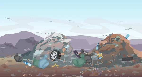 Vektorillustration der Deponielandschaft mit Abfall. Hintergrund ist eine Mülldeponie. Konzept der Umweltverschmutzung. — Stockvektor