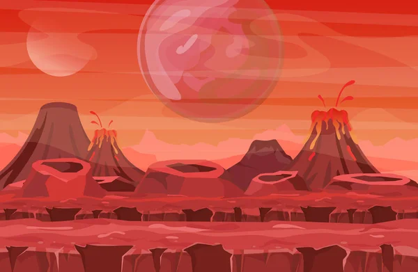 Vector illustration of space landscape with red planet view. Mountains and volcanos, other planets in the sky. Fantastic alien landscape in red colors, sci-fi background for UI Game in flat cartoon — Stock Vector