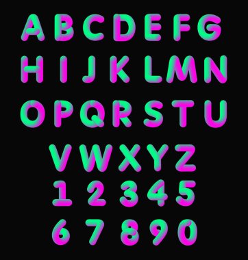 Vektör çizimi parlak renk pembe ve yeşil yumuşak esnek neon 3d yazı tipi. Alfabe izole beyaz bir arka plan üzerinde mat sıvı mor ve yeşil renkler.
