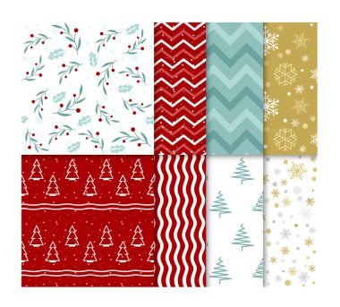 Sorunsuz parlak Noel desen kar ve Noel ağaçları düz çizgi film tarzı ile vektör çizim seti.