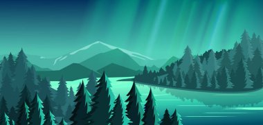 Güzel manzara orman, dağ, göl ve bir sürü yıldız, Kuzey ışıkları Aurora mavi gökyüzü ile vektör Illustration. Seyahat kavramı, dünya keşfetmek.
