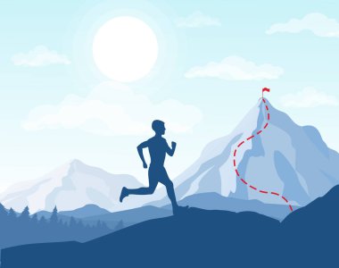 Vector illustration of running man in mountains, going to the top with the flag, business conception, achievement of the goal. clipart
