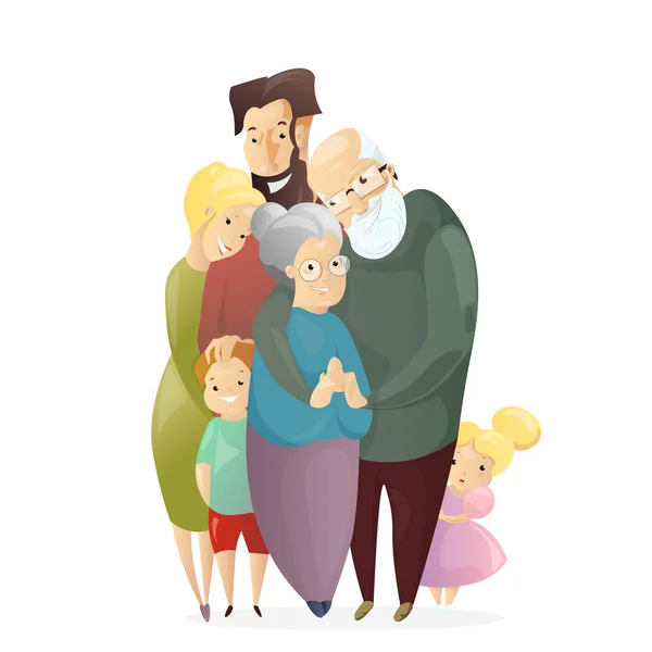 Ilustración vectorial de familia feliz. Padre, madre, abuelo, abuela, hijo e hija de pie juntos y se abrazan en un estilo plano de dibujos animados. Concepto familiar completo . — Archivo Imágenes Vectoriales