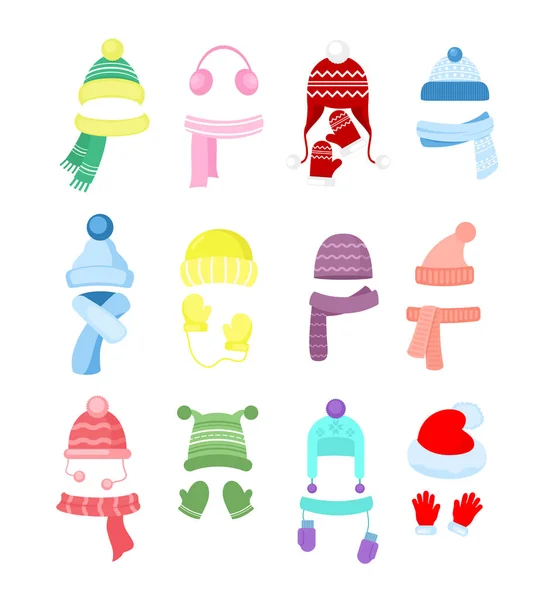 Conjunto de ilustrações vetoriais de chapéus coloridos de inverno ou outono, coleção de headwear. Chapéus de tricô, cachecóis e luvas para meninas e meninos isolados em fundo branco em estilo plano de desenho animado . —  Vetores de Stock