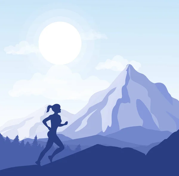 Ilustración vectorial de una joven corriendo por las montañas. Deporte, concepto de vida saludable, silueta de niña va a la cima. Mujer trotando, estilo plano . — Vector de stock