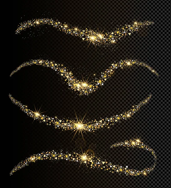 Illustration vectorielle ensemble de paillettes d'or scintille vague sur fond transparent foncé. Magie de la poussière de fée . — Image vectorielle