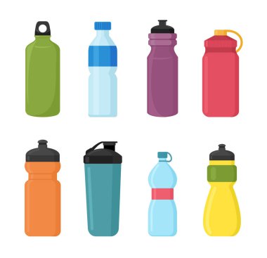 Vektör çizim bisiklet plastik şişe su farklı shaps ve renkler için kümesi. Konteyner su şişeleri spor için. Doğal ve sağlıklı yaşam konsepti, şişelenmiş konteyner sıvı içinde su