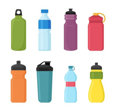 Vector illustration set of bicycle plastic bottle for water in different shaps and colors. Container water bottles for sport. Natural and healthy lifestyle concept, water bottled container liquid in clipart