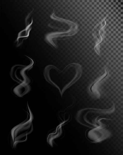 Εικονογράφηση διάνυσμα σύνολο καπνού ή ατμού. Ατμού από ένα φλιτζάνι ζεστό καφέ ή τσάι που απομονώνονται σε διαφανές φόντο. — Διανυσματικό Αρχείο