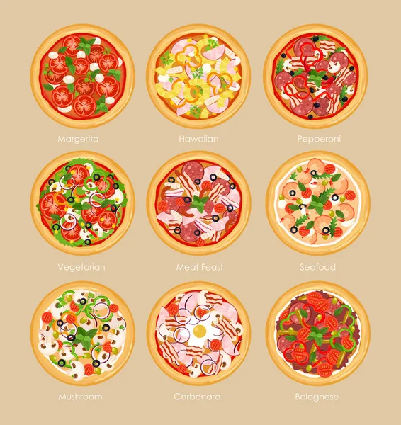 Illustrazione vettoriale set di pizza con ingredienti diversi, pizza vegetariana, margarita e frutti di mare. Idea menu pizza in stile piatto . — Vettoriale Stock