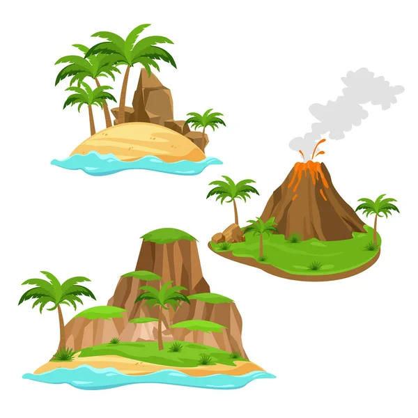 Ilustração vetorial de três ilhas diferentes sobre fundo branco em estilo cartoon. Ilhas com vulcão, palmeiras e montanhas em cores brilhantes estilo plano . — Vetor de Stock