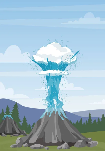 Vektor-Illustration des Wassergeysirs und des Dampfes, der vom Geysir auf dem Hintergrund der Berge ausbricht. Islandlandschaft mit Geysir im flachen Cartoon-Stil. — Stockvektor