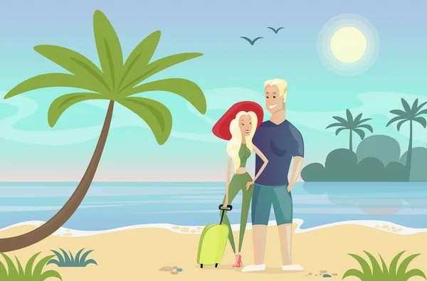Ilustração vetorial de casal na praia. Jovem mulher e homem em pé na paisagem tropical perto do mar, oceano, palmeira. Conceito de viagem, relaxar, férias e turismo em estilo de desenho animado plano . — Vetor de Stock