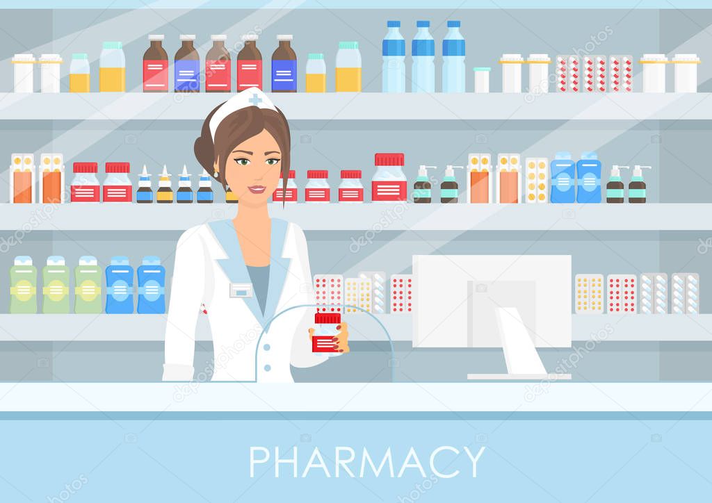 Vector illustration of pretty female pharmacist in interior pharmacy or drugstore with pills and drugs, bottles with vitamins and tablets in flat style. Healthy lifestyle, medicine concept.
