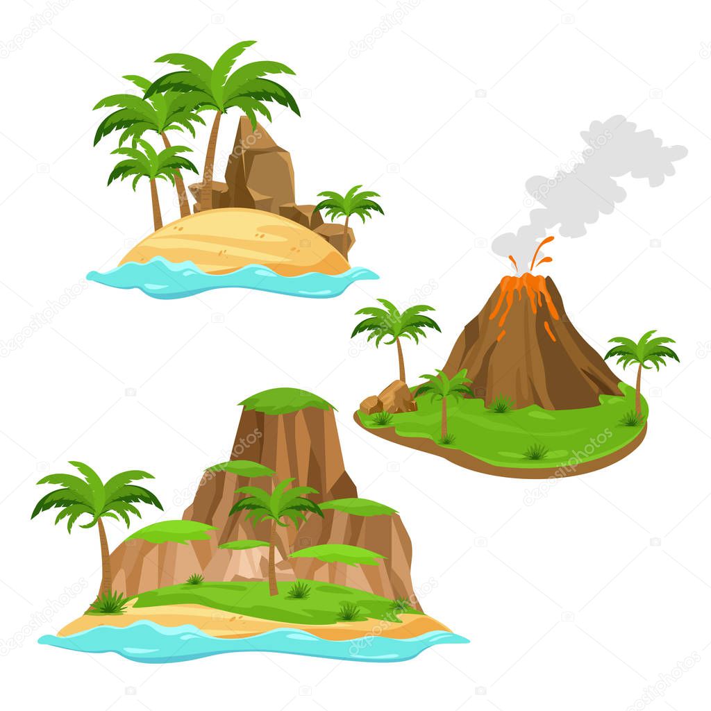 Vector illustration of three different islands on white background in cartoon style. Islands with volcano, palm trees and mountains in bright colors flat style.