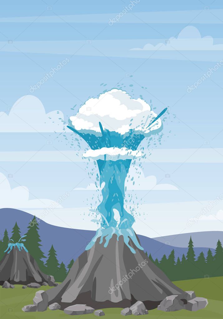 Vector illustration of water geyser and steam erupting from geyser on mountains background. Iceland landscape with geyser in flat cartoon style.