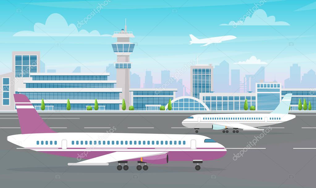 illustration of Airport terminal building with big plane and aircraft taking off on modern city background. Flat cartoon style.