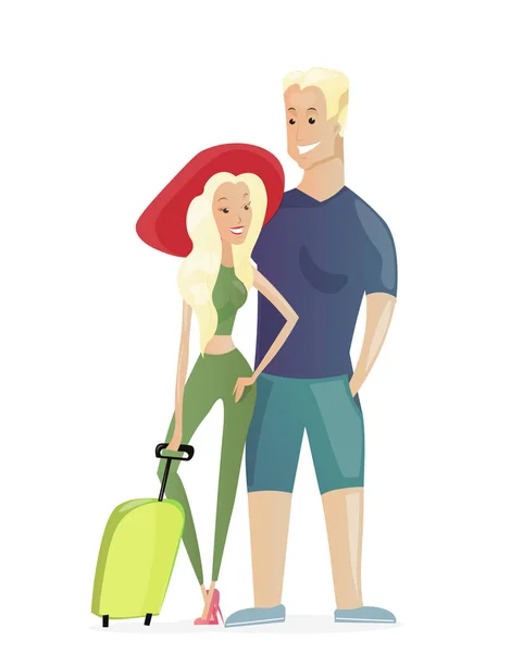 Illustrazione vettoriale di una giovane coppia in viaggio con borsa da viaggio. Sorridente felice giovane donna e uomo su sfondo bianco in stile cartone animato piatto . — Vettoriale Stock