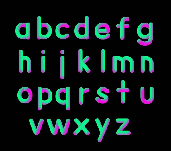 Ilustración vectorial de letras pequeñas de color rosa brillante y verde suave y flexible de neón 3D. Alfabeto aislado sobre fondo blanco Líquido mate Colores púrpura y verde . — Archivo Imágenes Vectoriales
