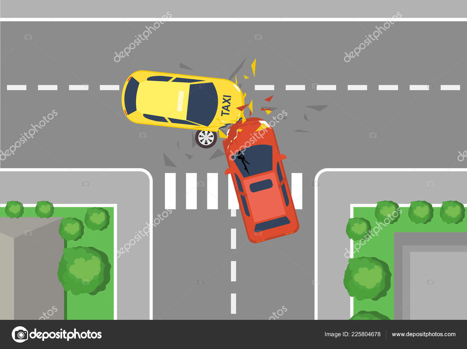 Vector illustration of car crash road accident, top view. Flat cartoon  style car crash concept, yellow and red cars wreck. Stock Vector Image by  ©Nataliia2910@ #225804678