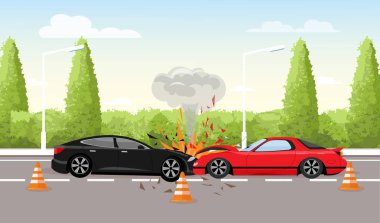 Yolda trafik kazası vektör Illustration. İki araba kazası, düz stil araba kaza kavramı.