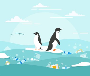 Vektör illüstrasyon kavramı okyanus kirliliği plastik atık. Penguenler buz küçük parça ve atık su çok üzerinde. Düz stil çevre koruma kavramı.