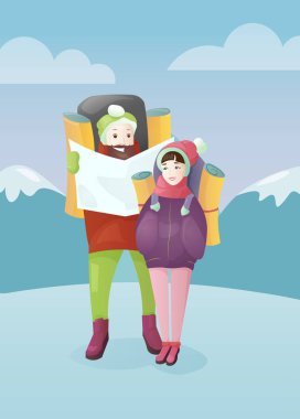 Vektör çizim genç çiftle seyahat çantası ve kış Dağları arka plan üzerinde eşleyin. Seyahat kavramı, erkek ve kadın düz çizgi film tarzı.