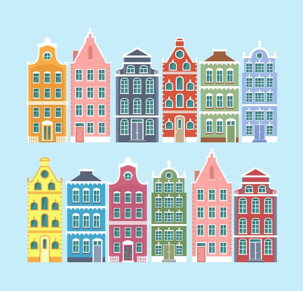 Conjunto de ilustrações vetoriais de casas coloridas de estilo antigo europeu isoladas em fundo de cor azul claro. Holandês, Netherland estilo bonito casas em estilo plano . —  Vetores de Stock