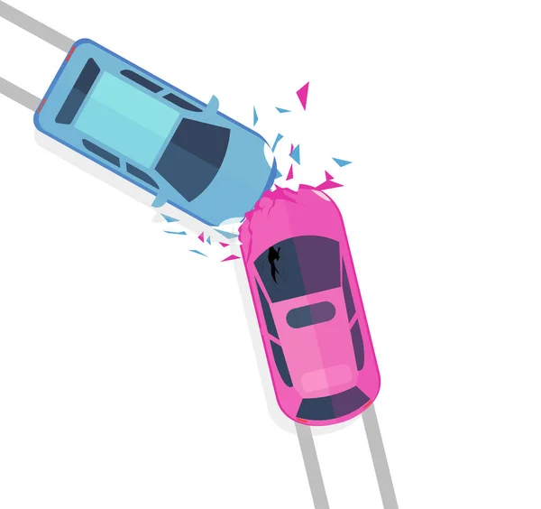 Vector illustratie concept van auto-ongeluk. Bovenaanzicht van twee auto's crash geïsoleerd op een witte achtergrond ib platte cartoon stijl. — Stockvector