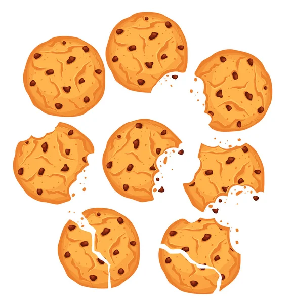 Illustration vectorielle de biscuits au chocolat. Différentes formes de biscuits à l'avoine avec des gouttes de chocolat et des miettes isolées sur fond blanc . — Image vectorielle
