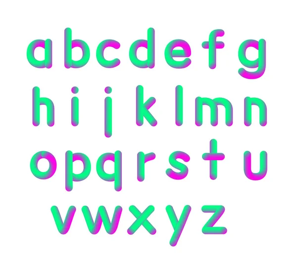 Ilustração vetorial de letras pequenas soft flexible neon 3D font. Alfabeto isolado sobre fundo branco Líquido fosco Cores roxas e verdes . —  Vetores de Stock