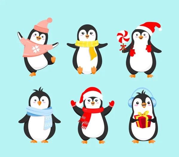 Vector illustration set of cute penguins in winter clothes. Merry Christmas concept, happy New Year and winter holidays. Penguins collection on light blue background in cartoon flat style.