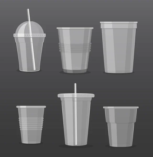 Векторный набор иллюстраций пустых прозрачных пластиковых одноразовых чашек, изолированных на темно-сером фоне. Коллекция стаканов для напитков . — стоковый вектор